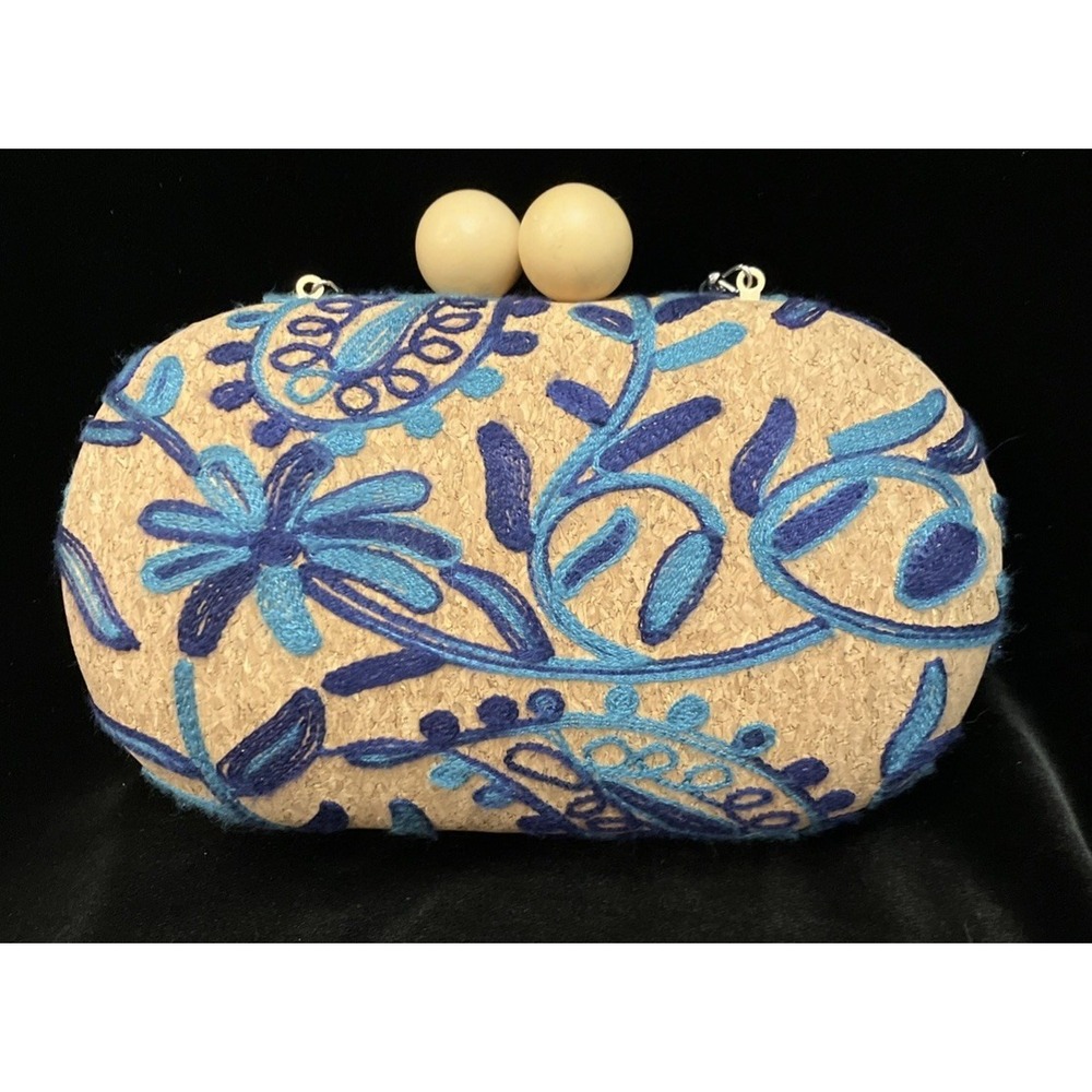 Blue Teal Floral Embroidered Cork Clutch Bag Beaded w/ Wooden Clasp Silver Chain